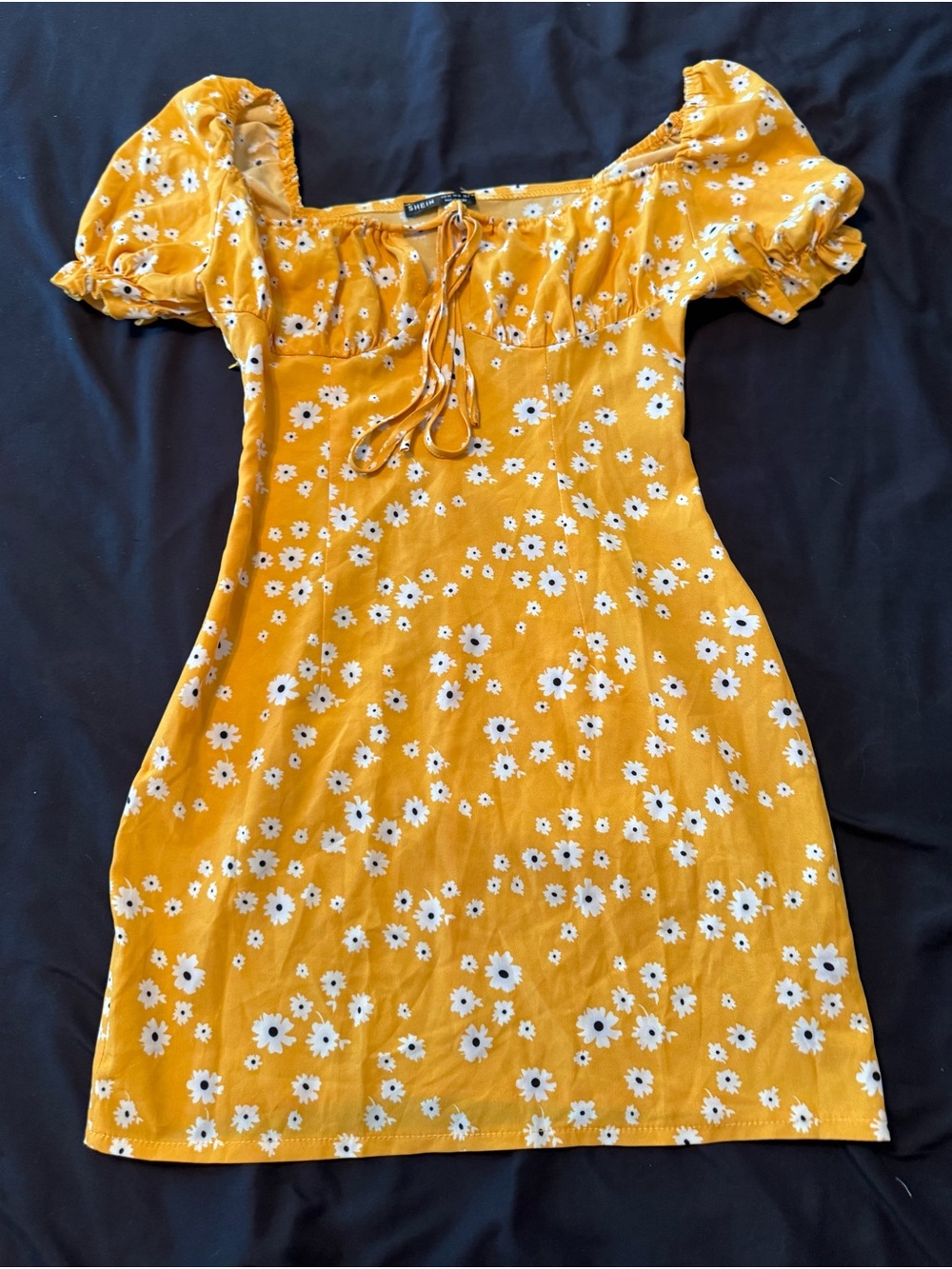 SHEIN Mustard Yellow Floral Puff-Sleeve Mini Dress